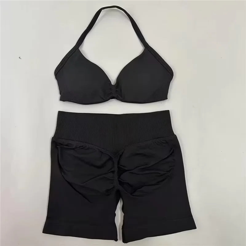 2Pcs Impacts Gym Set Tank Tops High Waist Scrunch Seamless Shorts Gym Suit Fitness Clothes Activewear Workout