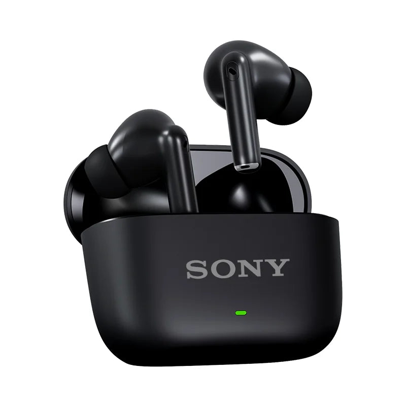 Black Sony wireless earbuds with charging case on a white background