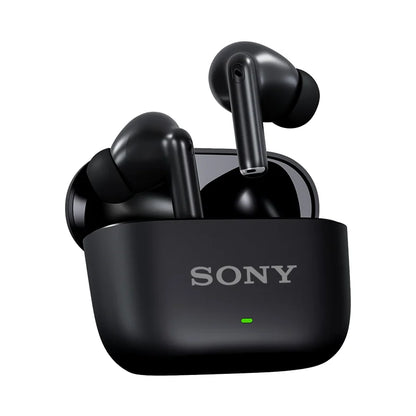 Black Sony wireless earbuds with charging case on a white background