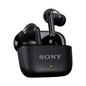 Black Sony wireless earbuds with charging case on a white background
