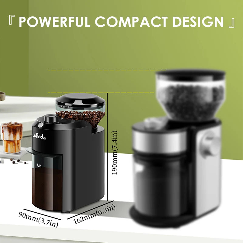 Wancle Elektrische Kaffeemühle mit Mahlwerk, verstellbares Kegelmahlwerk zum Mahlen von Kaffeebohnen, mit 28 präzisen Mahlgradeinstellungen, 220 V/120 V