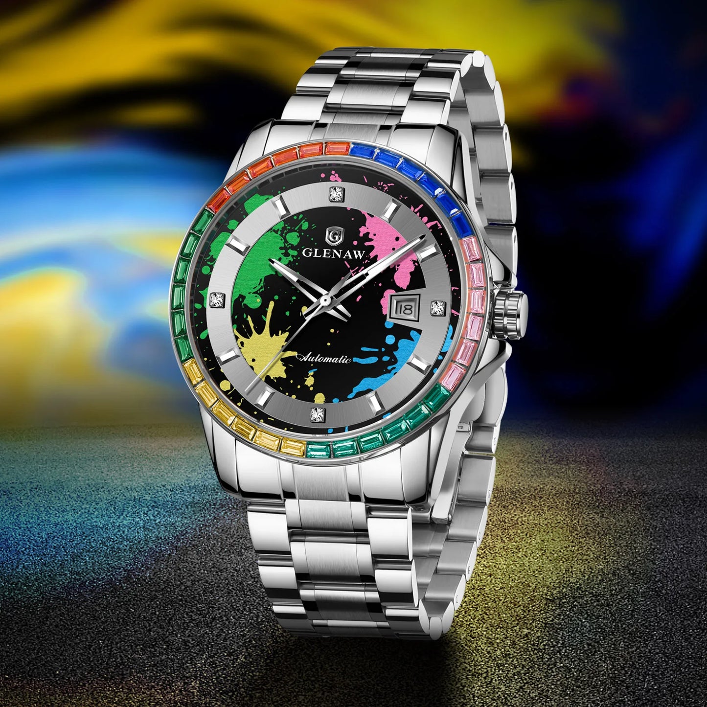 Rainbow Circle Mechanical Watch Graffiti Dial Night Light Calendar Waterproof Mechanical Watch