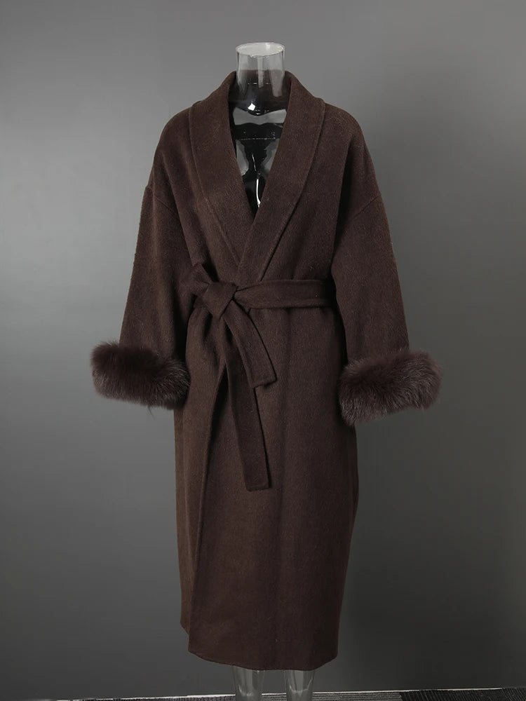 UCXQ Eleganter OL Business-Mantel Pelz-Patchwork Langarm Wollmantel Schöne Damenbekleidung Jacke Herbst 2025 Winter