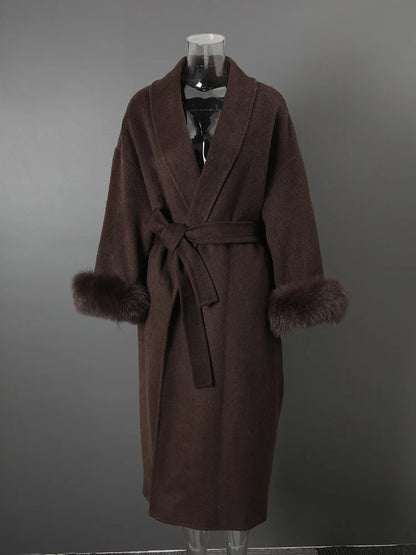 UCXQ Eleganter OL Business-Mantel Pelz-Patchwork Langarm Wollmantel Schöne Damenbekleidung Jacke Herbst 2025 Winter