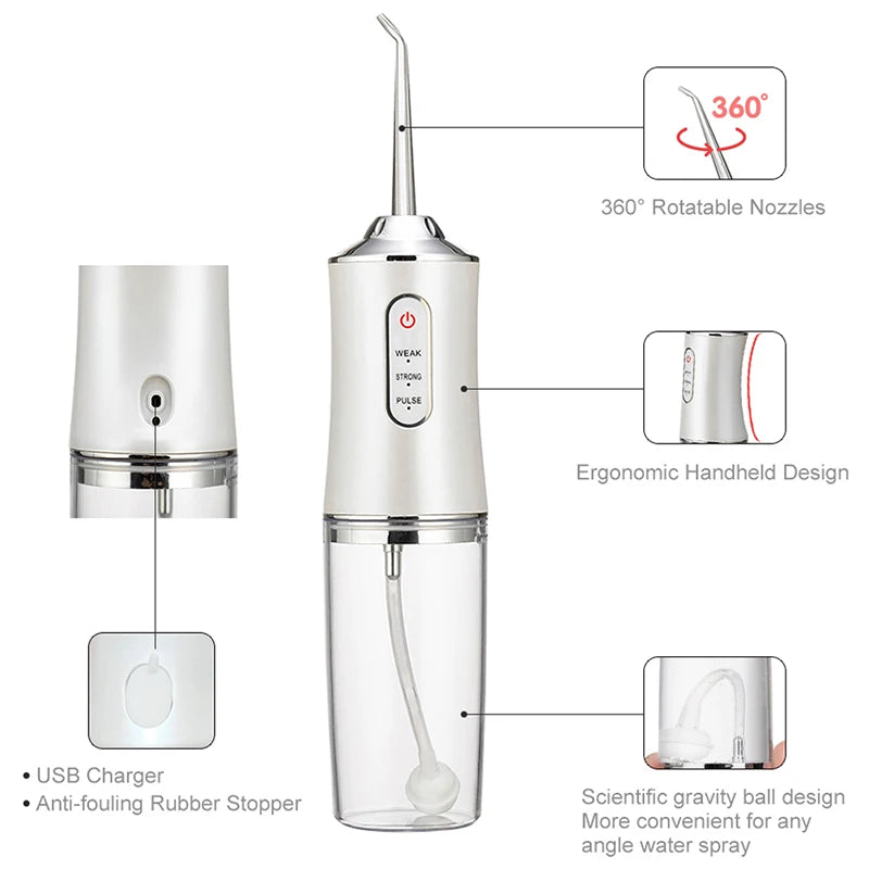 White dental water flosser with features highlighted on a white background