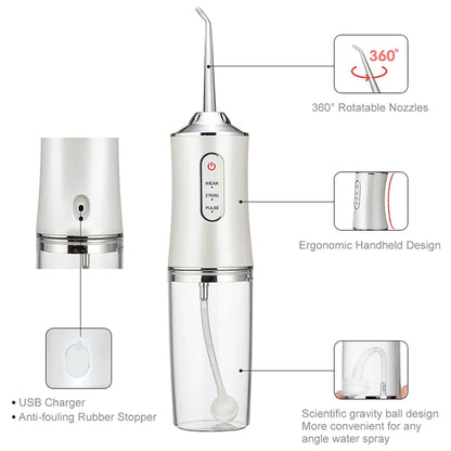 White dental water flosser with features highlighted on a white background
