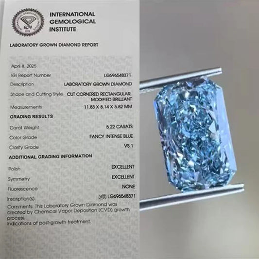 A laboratory grown diamond gemstone held in a metal tube next to an official International Gemological Institute report card for a cut corneoid rectangular diamond.
