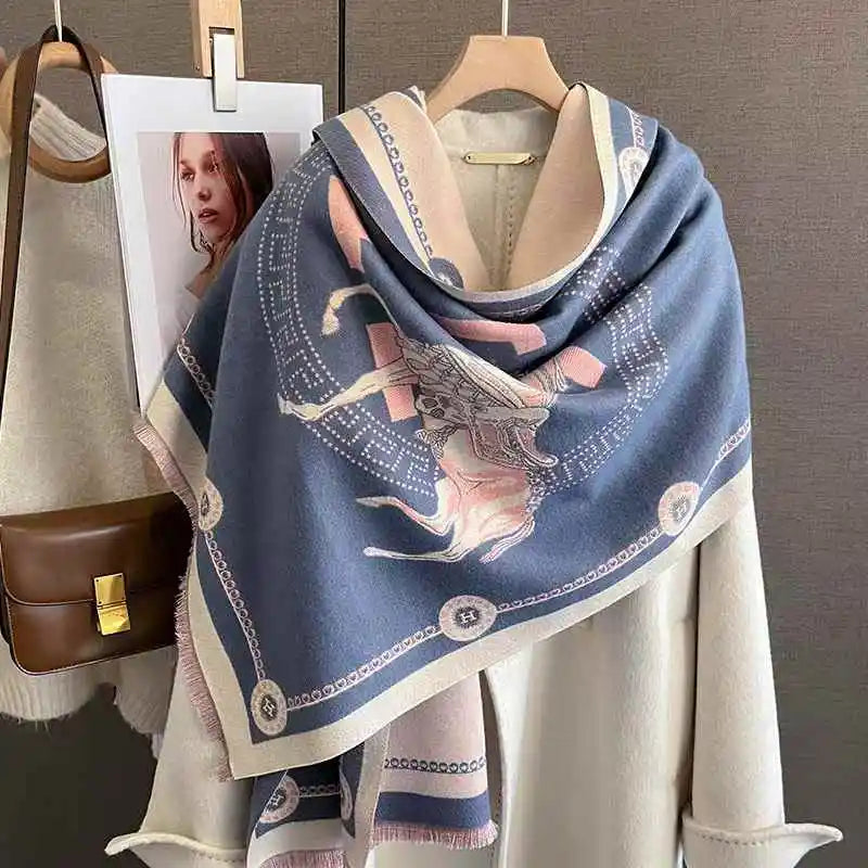 Luxury Winter Faux Cashmere Scarf Women 2025 fashionable Little horse thickened European and American warm Shawl