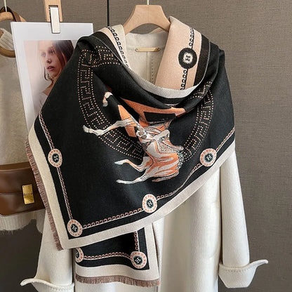 Luxury Winter Faux Cashmere Scarf Women 2025 fashionable Little horse thickened European and American warm Shawl