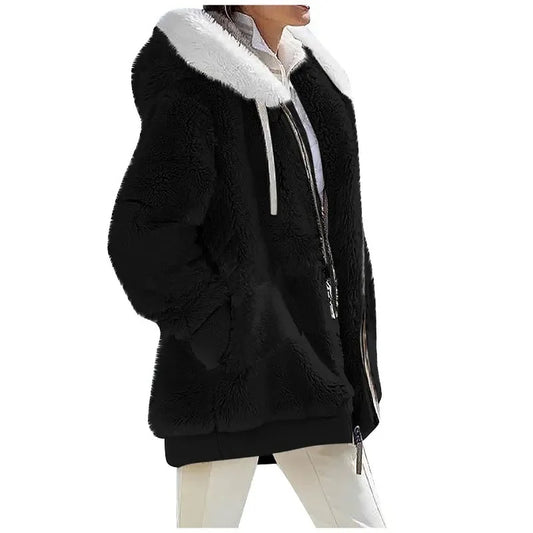 Women's Hooded Zipper Fleece Cashmere Coat Solid Color