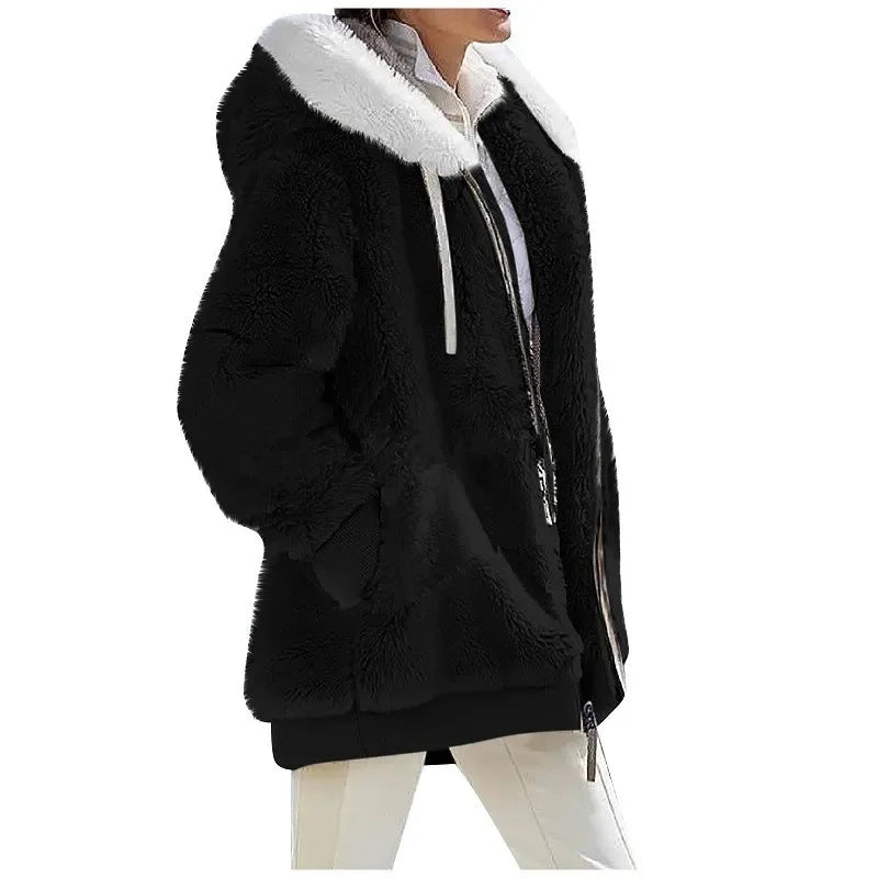 Herbst-Winter-Mode Damenmantel Neu Lässig Kapuzenreißverschluss Damenbekleidung Kaschmir Damen-Fleecejacke Einfarbige Damenmäntel