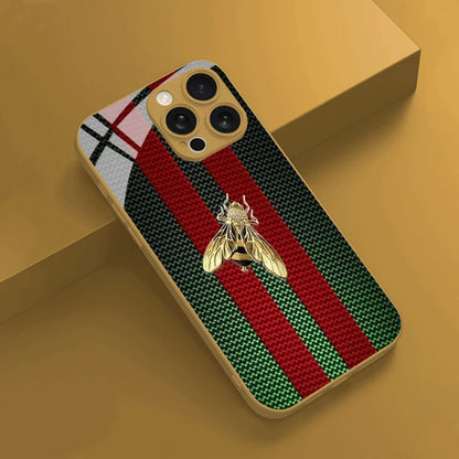 Phone case with bee design and striped pattern on a yellow background