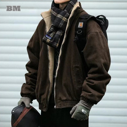 Japanische Vintage Polarfleece Jacke Herren Winter Hochwertige Dicke Jacke Koreanische Streetwear Lockeres Paar Trendiger Warmer Mantel Männlich
