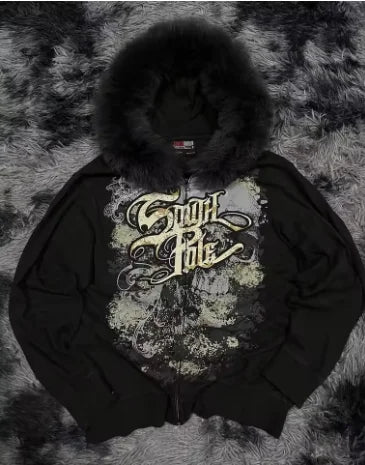 White Fur collar sweater Dalian Hood Zipper Sweatshirt Zipper Casual