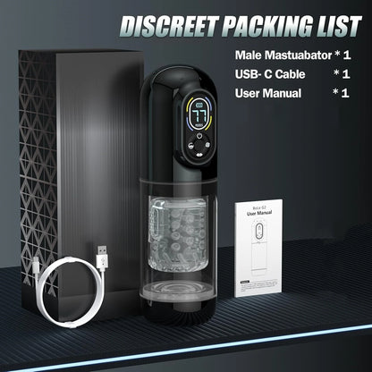 Male masturbator with packaging, USB-C cable, and user manual on a dark background