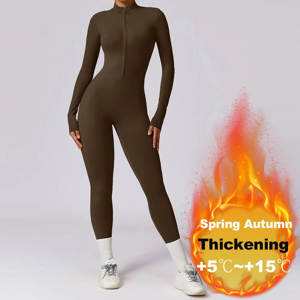 Zipper Winter Fleece Yoga Jumpsuits for Women Bodysuit Longsleeve Sport Overalls Fitness One-Piece Suit Gym Workout Tracksuit