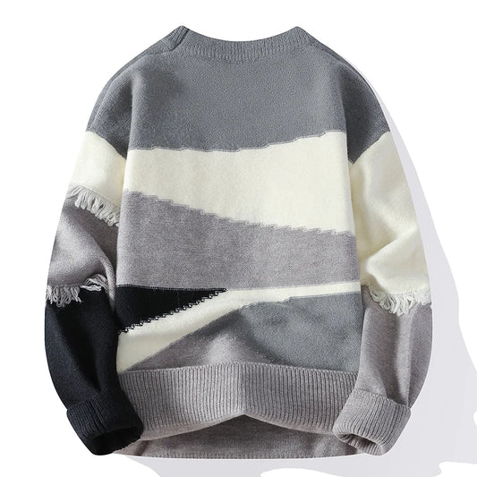 Patchwork Fringe Knit Pullover | Round Neck Sweater