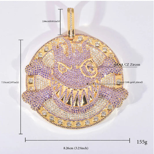 Gold and purple pendant with measurements and material details on a white background