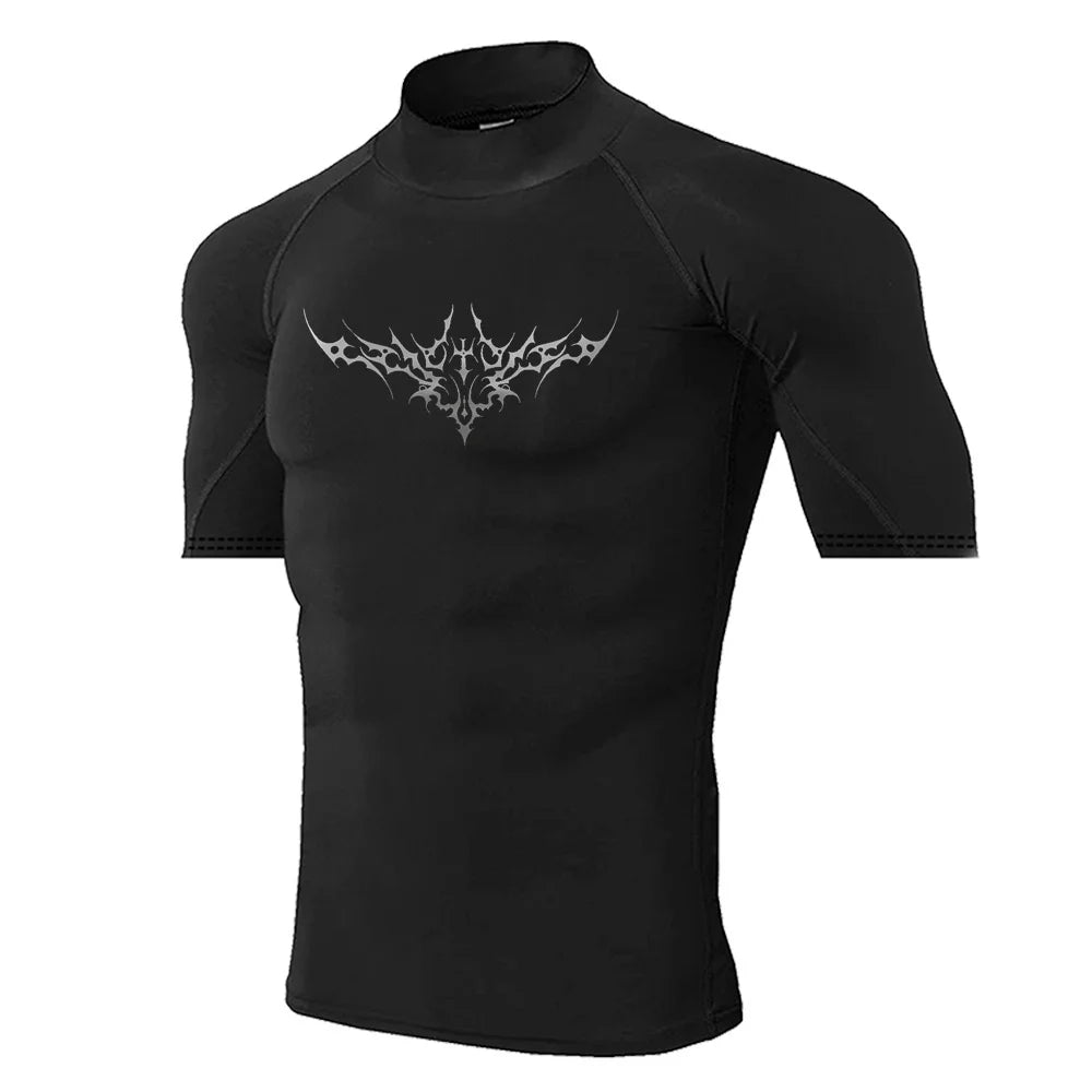Herren Gothic-Print schnelltrocknendes Langarm-Fitness-Workout-Stretch-Enges Top Stehkragen atmungsaktives Trainings-T-Shirt S-3XL