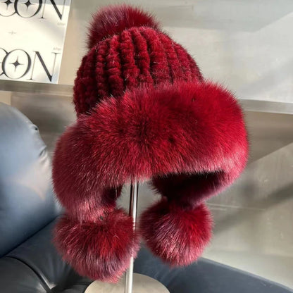 Real Mink Fur Hatfor Women Woven Fur Fisherman Hat With Fox Fur Ball  Thickened Warm Ear Protection Hat Hand Beanies Bonnets Cap