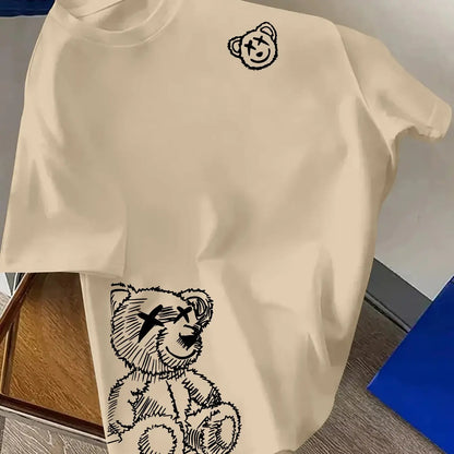00% reine Baumwolle Herren Cartoon Bär Muster bedrucktes modisches lässiges lockeres Sport Rundhals Kurzarm T-Shirt Oberteil