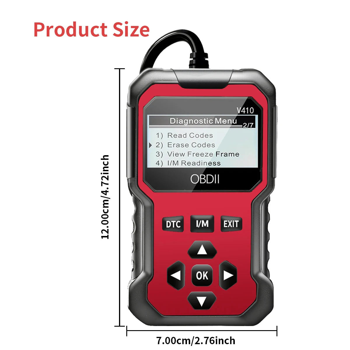 Red diagnostic tool with display and buttons, showing product size on a white background.