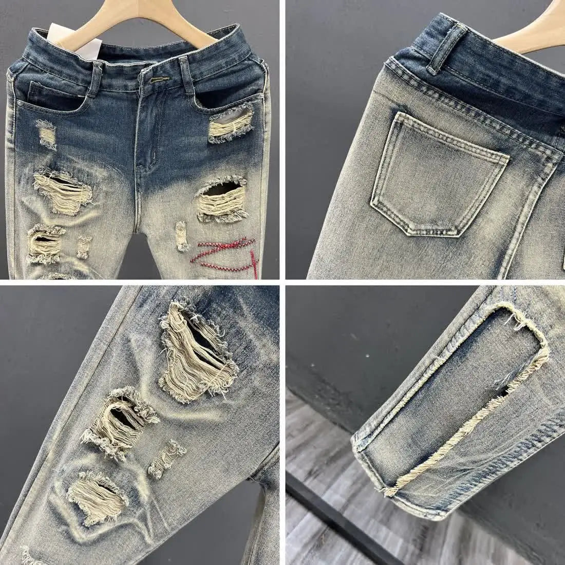 Designer Washed Destroyed Embroidered Slim Jeans Casual Clothing