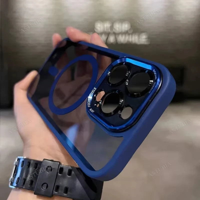 Blue phone case held by a person with a blurred background