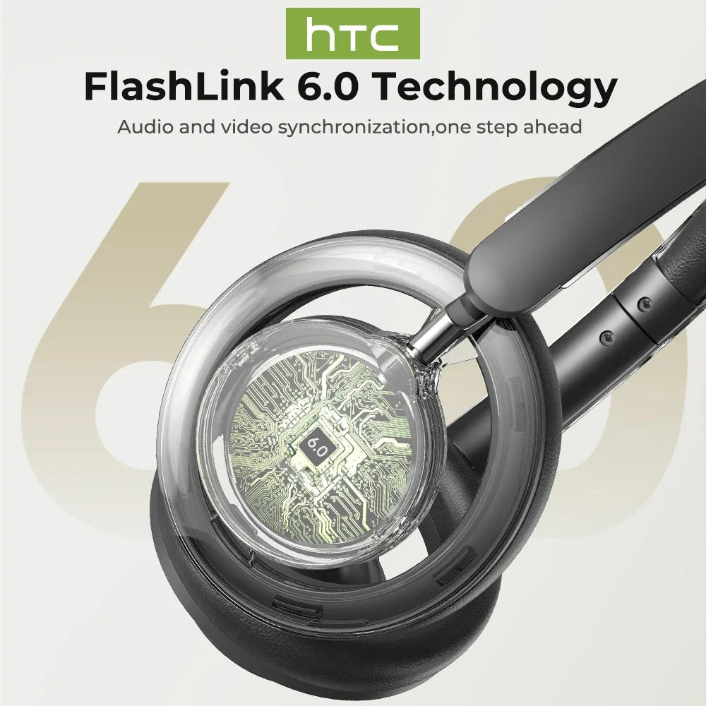 Headphones with HTC FlashLink 6.0 Technology display and circuit board detail.