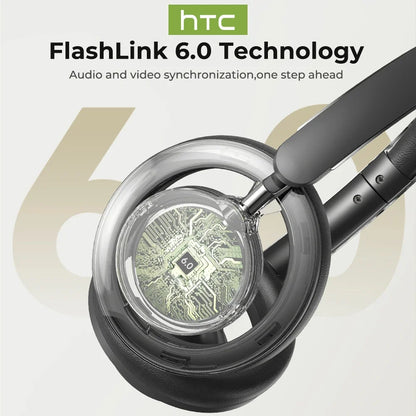 Headphones with HTC FlashLink 6.0 Technology display and circuit board detail.