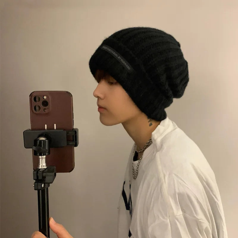 2023 Fashionable Men's Autumn And Winter Knitted Hats Large Size Warm Cold Beanie Hat Loose Big Head Ware Knitting Hat For Men