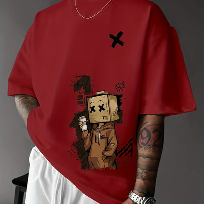 Herren T-Shirt aus 100% Baumwolle, modisch, leger, sportlich, locker, mit trendigem Puppen-Graffiti-Print und Rundhalsausschnitt, Kurzarm