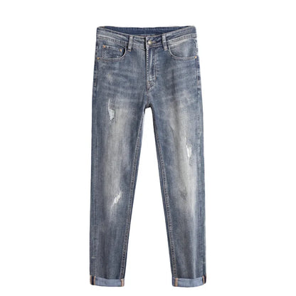 Slim Fit Freizeithose Herren Leichte Sommer Mode Elastische Freizeithose Straight Leg Baumwoll-Denim Mittlere Taille Reißverschluss