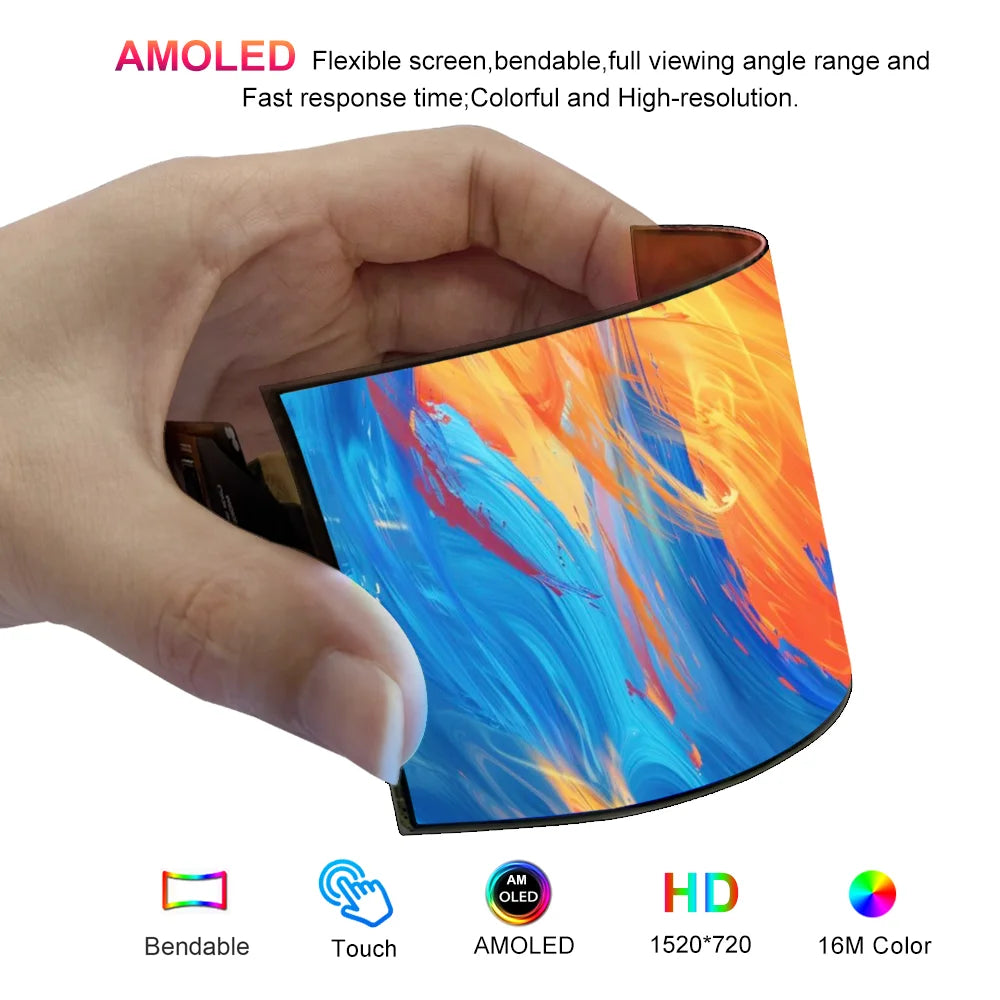 Hand holding a flexible AMOLED screen with colorful display