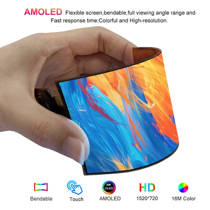 Hand holding a flexible AMOLED screen with colorful display