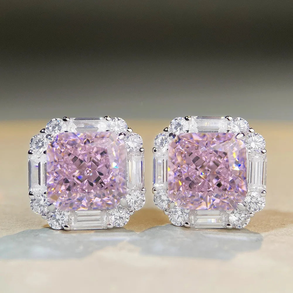 Luxury white gold solid platinum PT950 pink diamond earrings cherry powder ins wind ray dean ice flower cut