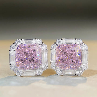 Luxury white gold solid platinum PT950 pink diamond earrings cherry powder ins wind ray dean ice flower cut