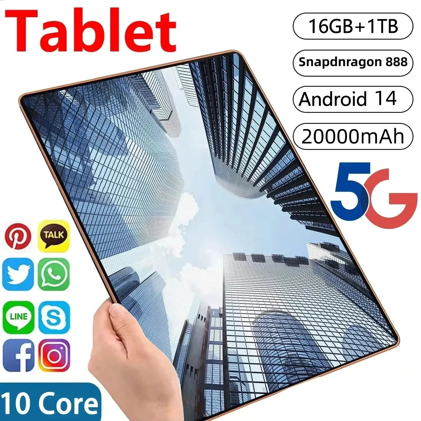 Tablet with specifications on a cityscape background