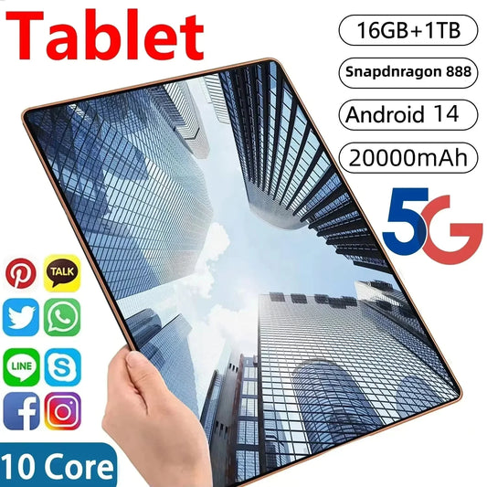 Tablet with specifications on a cityscape background
