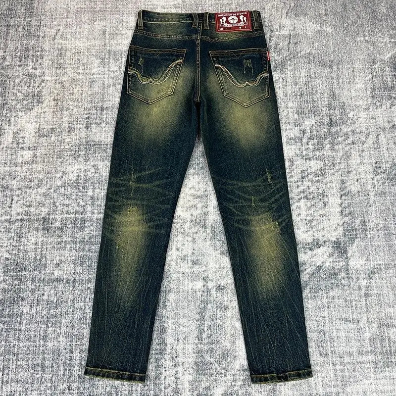 Embroidered Slim Fit Straight Leg Men's Jeans Elastic Claw Scratch Wear