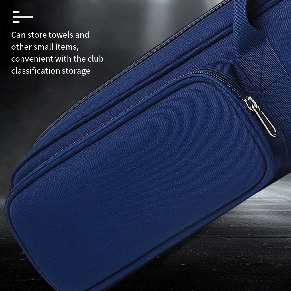 Blue golf bag with text on a dark background