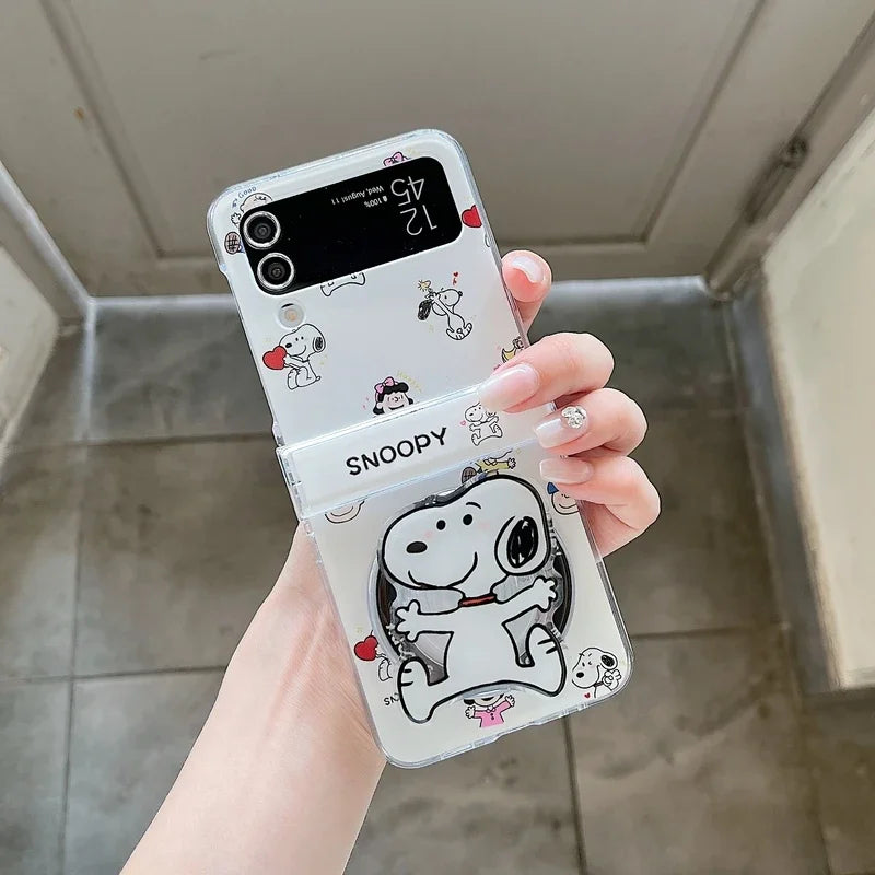 Cute Cartoon Snoopy Charlie Brown Magnetic Holder Wireless Charge Phone Case For Samsung Galaxy Z Flip 7 6 5 4 3 Hard TPU Cover