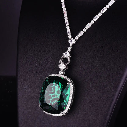 Luxury Rectangle Shape Green Cubic Zirconia Pendant Necklaces Temperament Elegant Women's Wedding Anniversary Party Jewelry