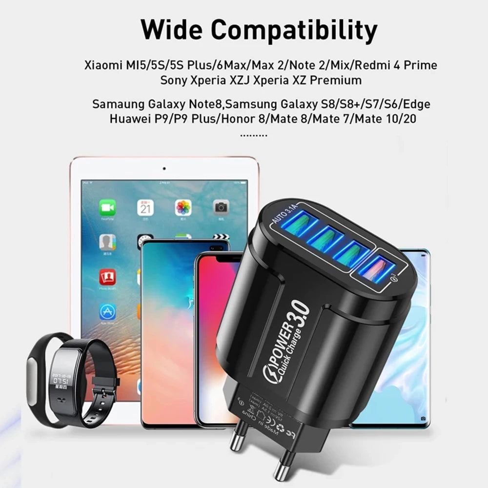 48W QC3.0 Fast Charger 4-Port USB EU Travel Adapter