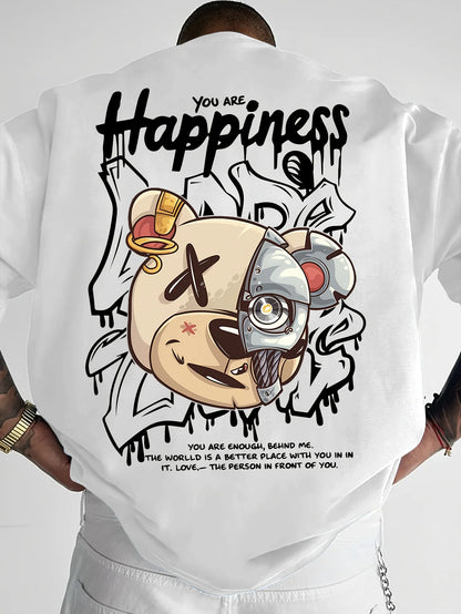 2025 New Men's Personalized Graffiti Bear Letter Printed Breathable and Comfortable Round Neck T-shirt Outdoor High Street Top