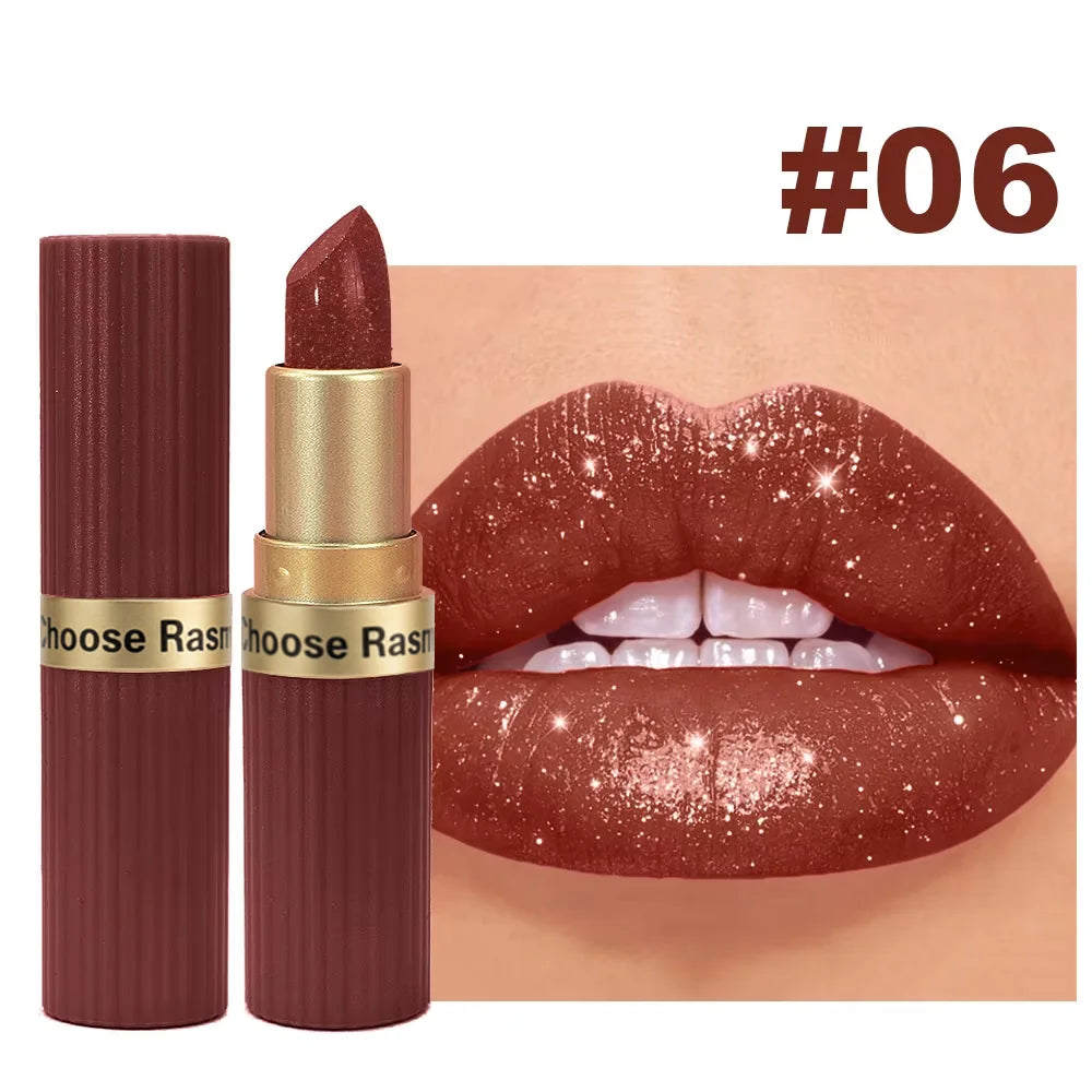 Glitzernder perlfarbener rosafarbener Samtlippenstift, wasserdicht, metallic, langanhaltend, matt, schimmernd, Diamant-Lippenstift, Damen Make-up Kosmetik
