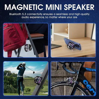 Magnetic mini speaker with various usage scenarios on a blue background
