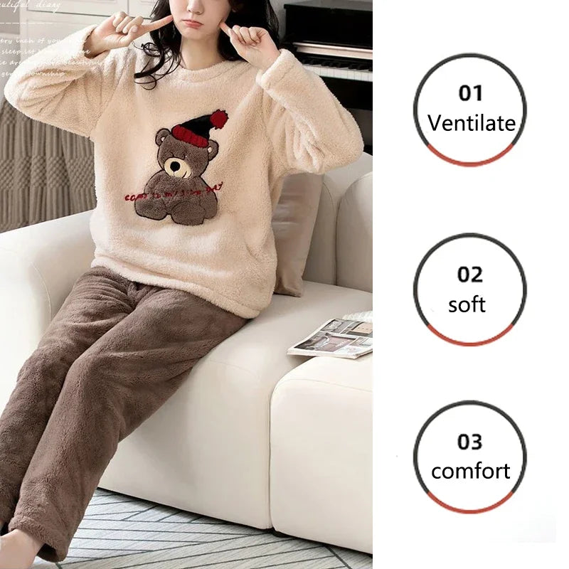 Thickened Warm Large Size Padded Fall and Winter Women's Pajamas Top and Pants Set Coral Velvet Ladies Cartoon Bear 2PCS/Set