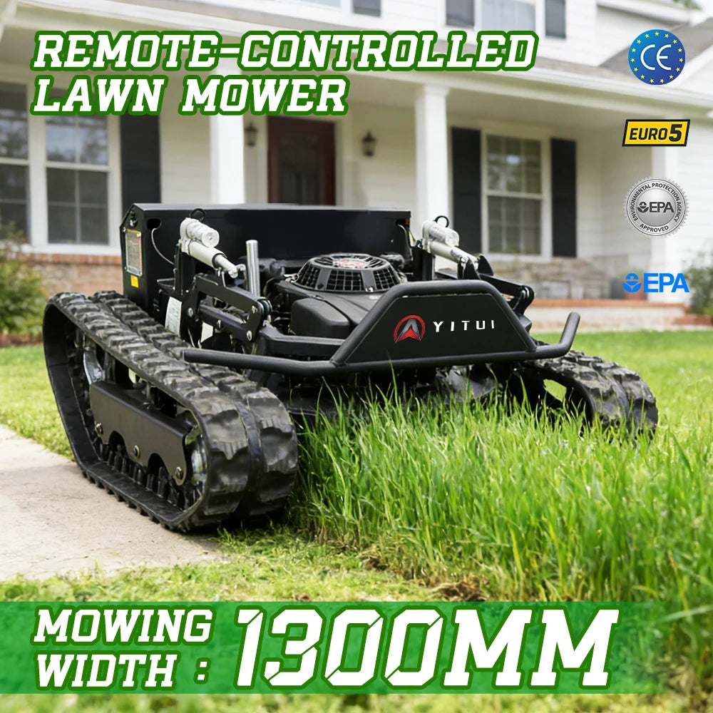 Remote-controlled lawn mower on grass with house in the background
