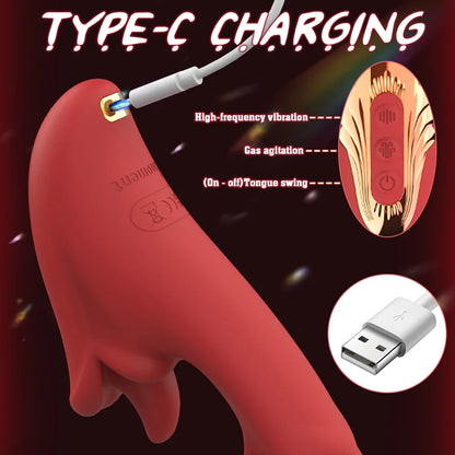 Red device with USB Type-C charging cable and close-up of internal components on a dark background.
